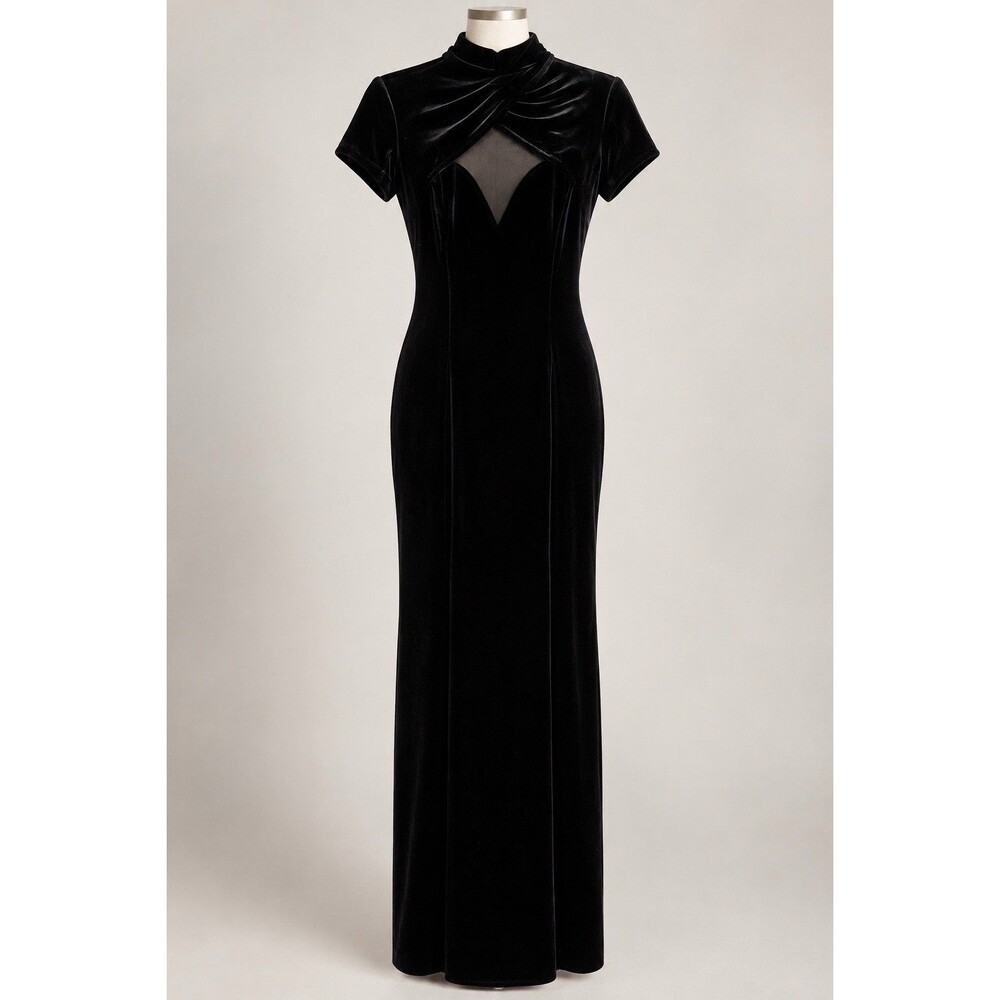 Vintage Betsy & Adam Black Velvet Maxi Dress Mesh Goth 90s Formal Evening Sz 7/8